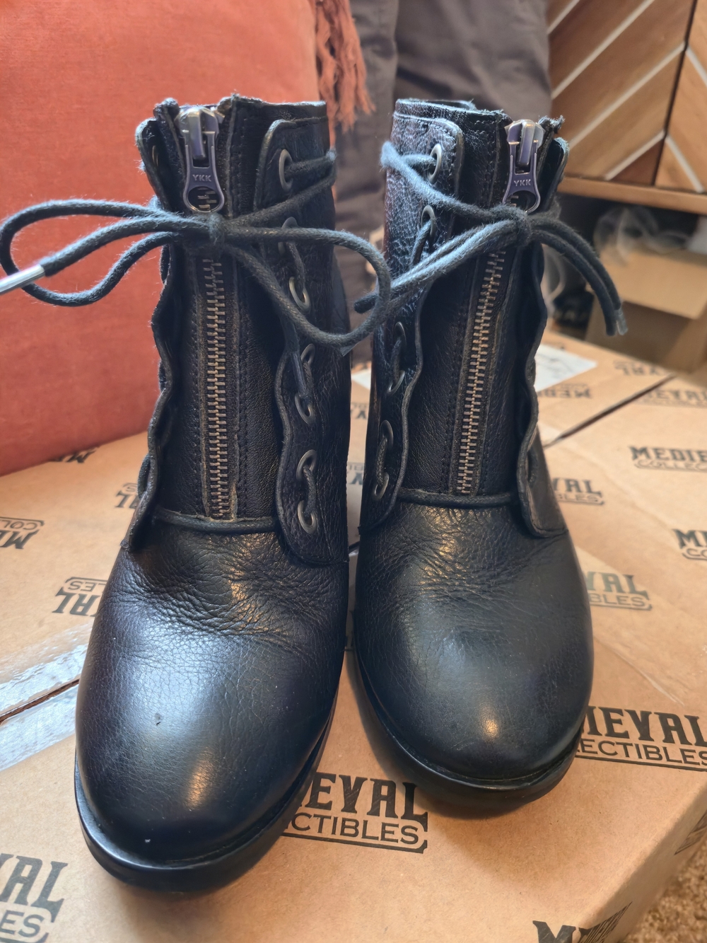 Kork-Ease Black Lace-Up Ankle Boots with Front Zipper